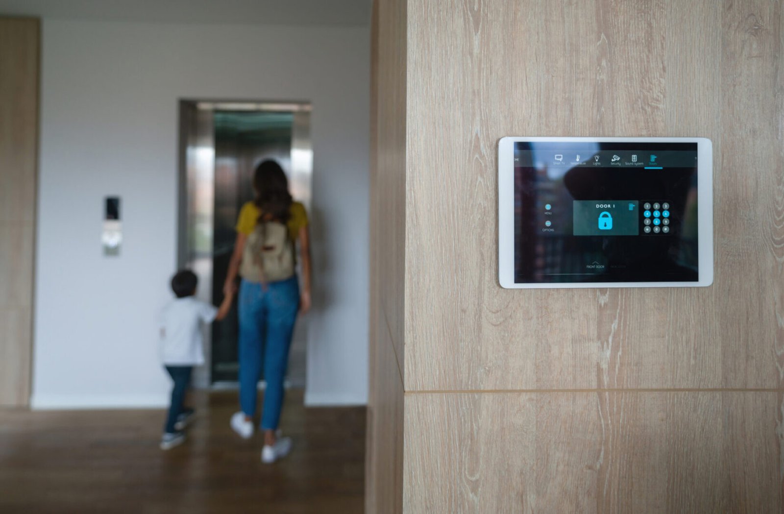 Woman and child near elevator