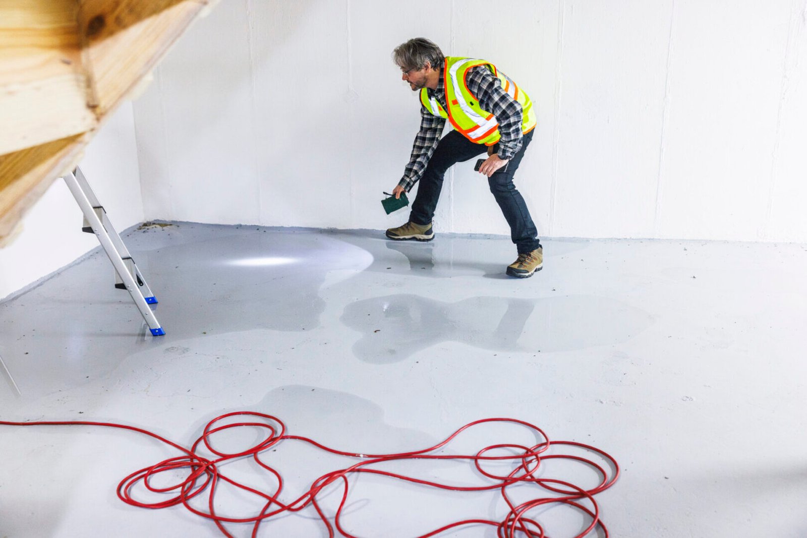 Worker inspecting wet floor with flashlight